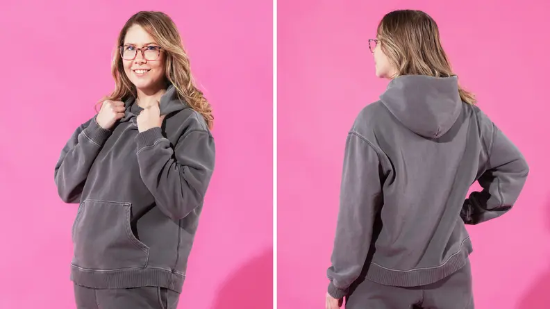 The author models the Elwood Core Hoodie