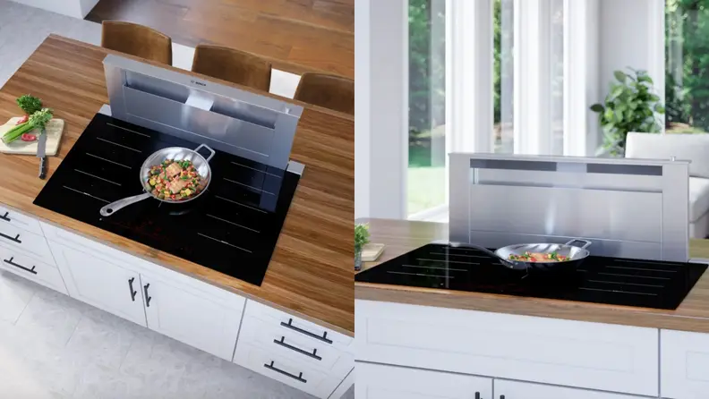 Two side-by-side angels of a Bosch induction cooktop in a modern kitchen