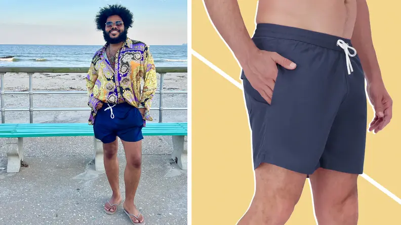 A man wearing blue shorts with a printed shirt, and a product shot of the same shorts.