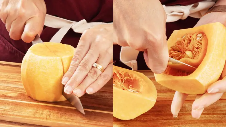 On left, person cuts the bulb section on raw butternut squash in half with knife and on right, uses a scooper to remove seeds.