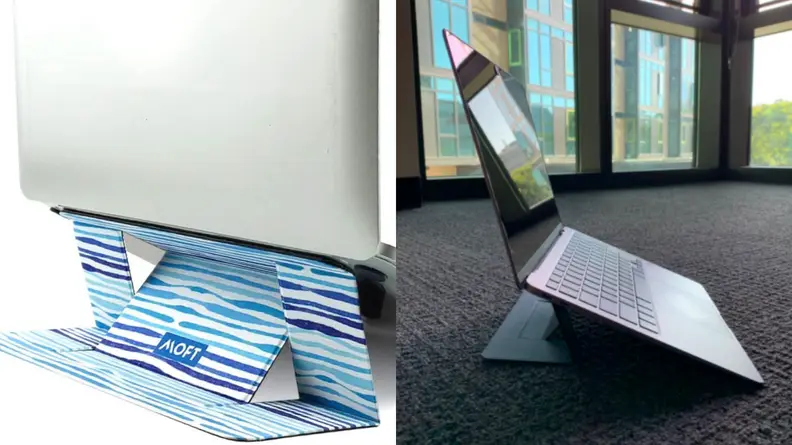 Colorful Moft laptop stand attached to a laptop