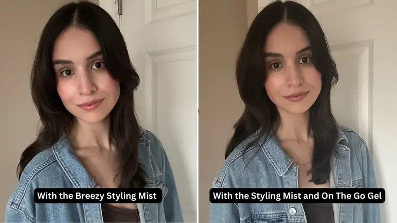 Two portraits of a woman with dark hair styled in a voluminous blowout.