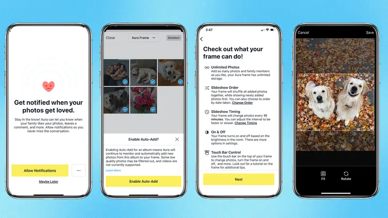 Four screenshots from the Aura app.