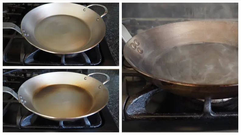 Images of a carbon steel pan during the seasoning process, which includes creating a black layer so that eventually the pan can be used for nonstick cooking.