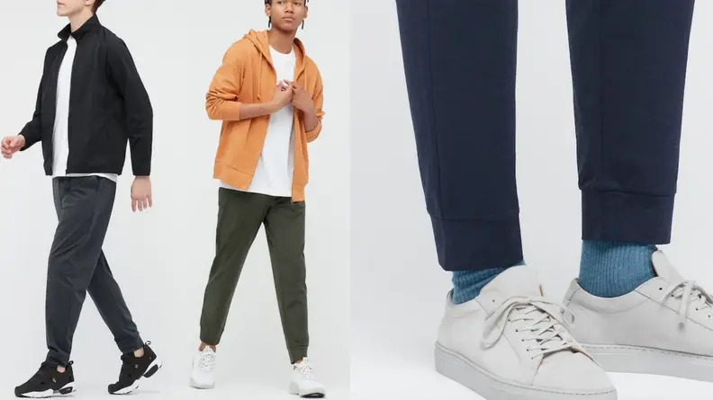 Three models pose in a variety of fall-weather outfits: a black jacket, an orange hoodie, sweatpants, and so on.