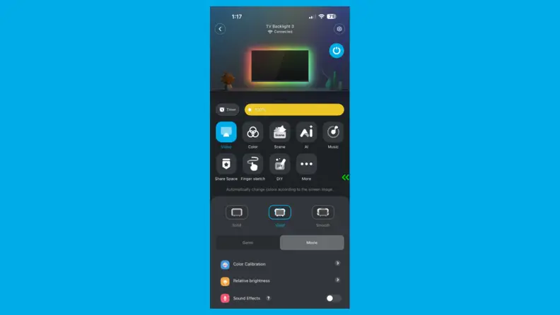 Govee app controls shown on an iPhone screen against a blue background.