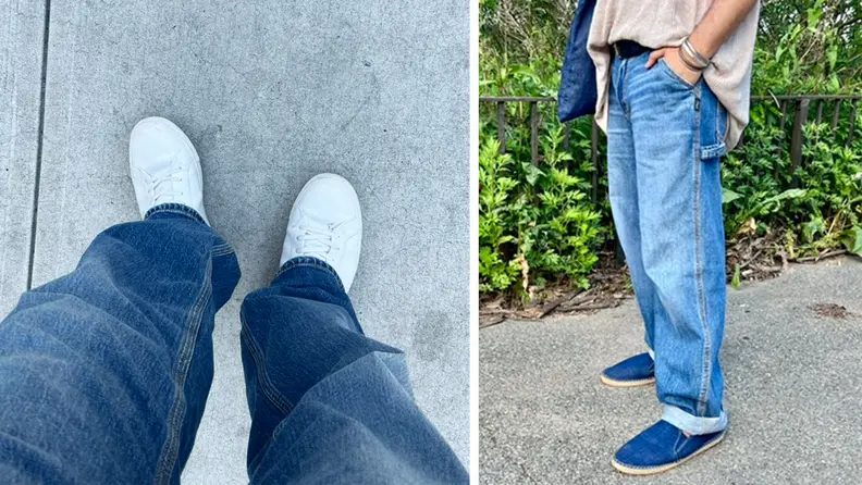 Two shots of the author in Silver Jeans Co. jeans, where the denim pools at his shoes, but he cuffs them so they fit properly.
