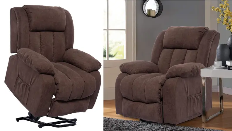 Brown Polar Aurora Power Lift Massage Recliner Chair in a side by side image on a white background and pictured in a living room