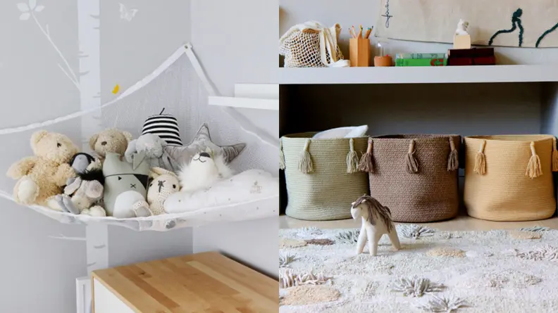 Left: toys being stored in a mesh bag hung in a corner / Right: toys stored under a table in cute little baskets that kids can reach and are stylish
