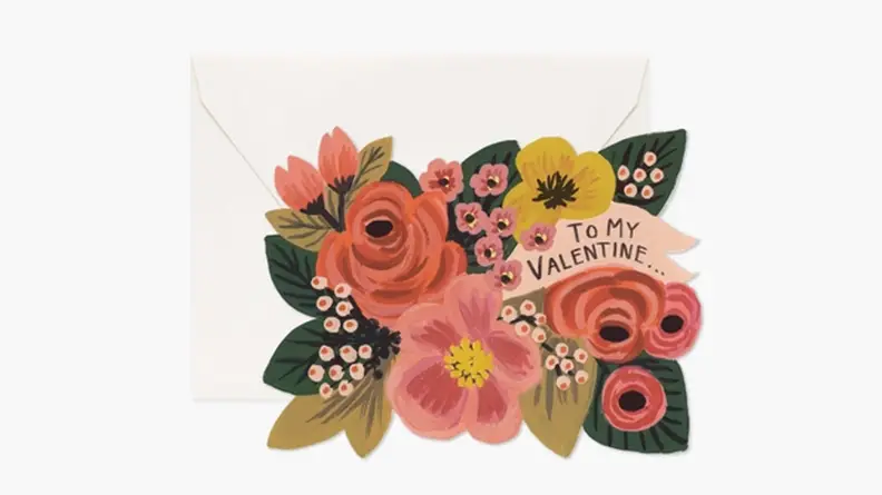 A painterly greeting card is made to look like a bouquet of flowers. "To my valentine," it reads.