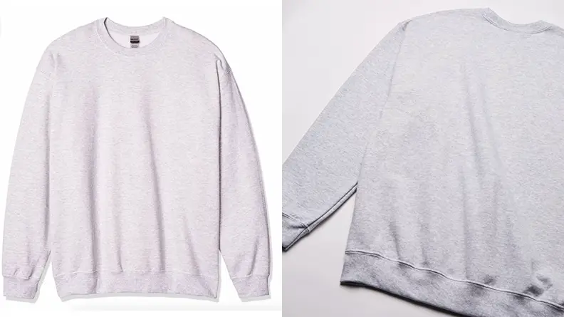 Grey Gildan crewneck sweater, close look at crewneck sweater from Gildan.