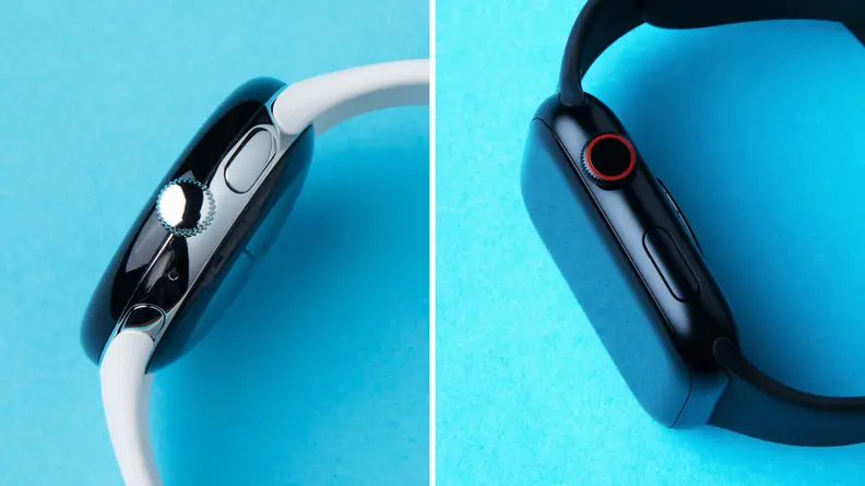 A side-by-side comparision of the Apple Watch Series 8 and the Google Pixel Watch