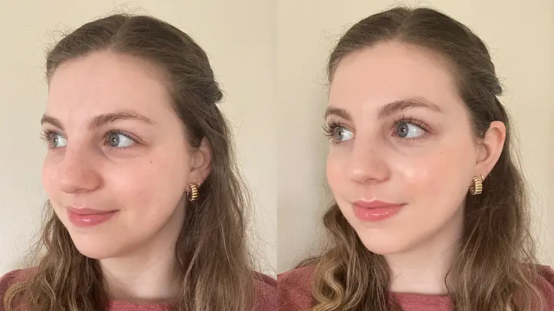 The author before (left) and after (right) applying products from Ilia Beauty.