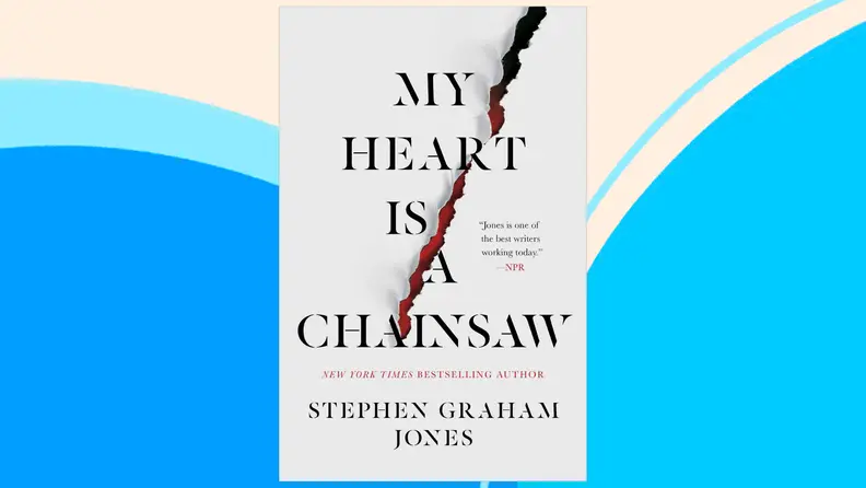 The cover of a book titled My Heart Is a Chainsaw against a blue and white backgroung.