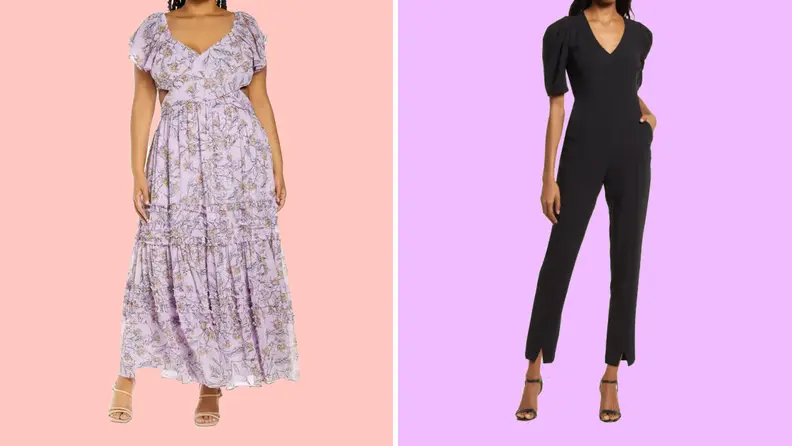 An image of a plus-size model in a purple tiered maxi dress, alongside a model in a black tailored jumpsuit with puffed sleeves.