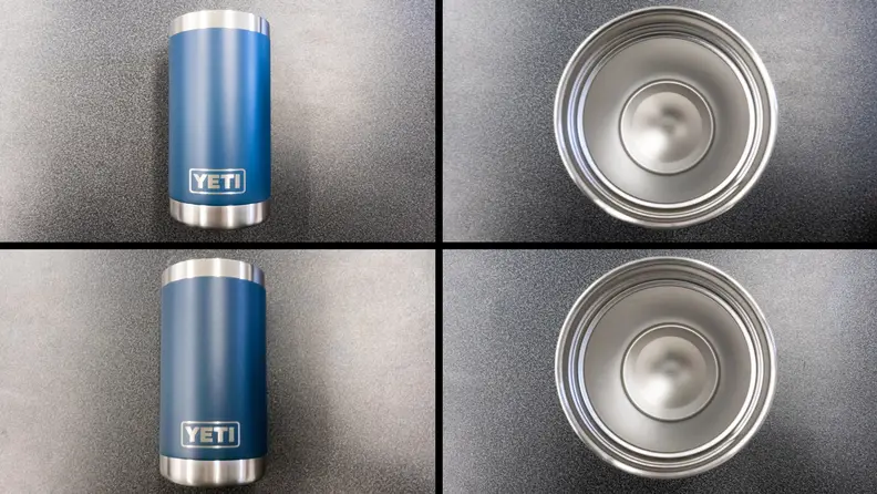 A compilation of four shots of the Yeti Rambler cup. The leftmost images show a before-and-after comparison of the exterior of the cup. Next to those is a side-by-side of the interior of the cup. The "before" images look more or less identical to the "after" images.