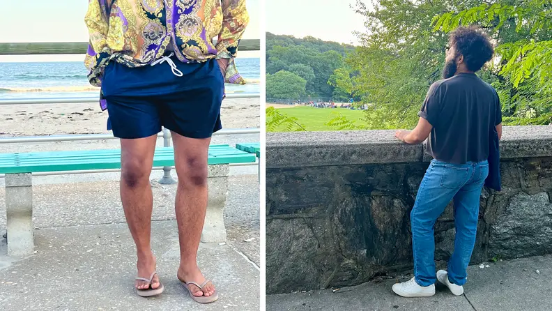 A man wearing jeans and a black graphic T-shirt, and another photo of him wearing swim shorts with a printed shirt.
