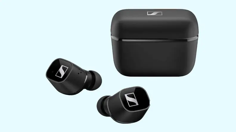 Sennheiser headphones paired with their protective case against a blue background.