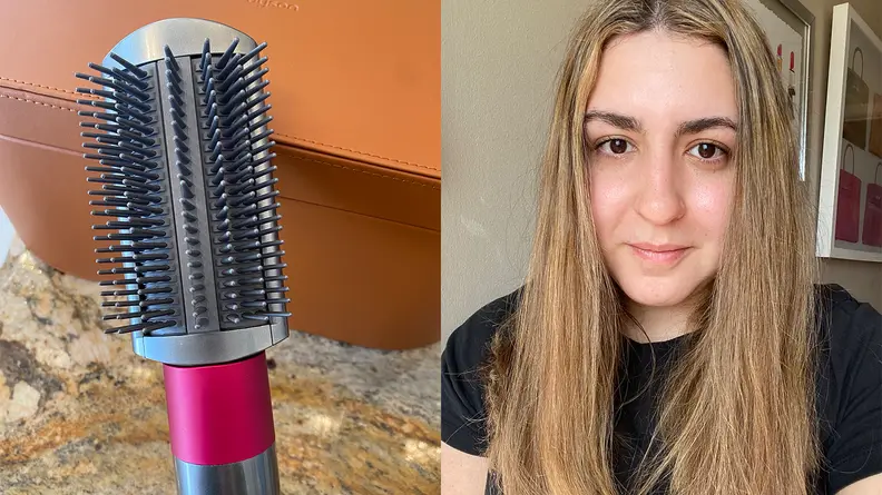 On the left: The Dyson Airwrap Styler's smoothing brush with the tool's case in the background. On the right: The author with straight hair after using the smoothing brush.