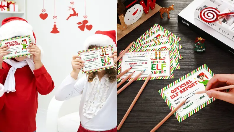Children holding a set of green and red cards. A stack of those cards with pencils.