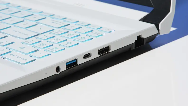 Angled shot of the USB and HDMI ports of the MSI Sword 15 laptop.