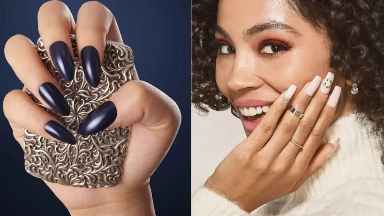 On the left: A hand wearing dark blue Kiss nails in almond shape. On the right: Nude-colored Kiss nails in coffin shape and long length on a model. The model smiles at the camera and holds to nails up to her face.