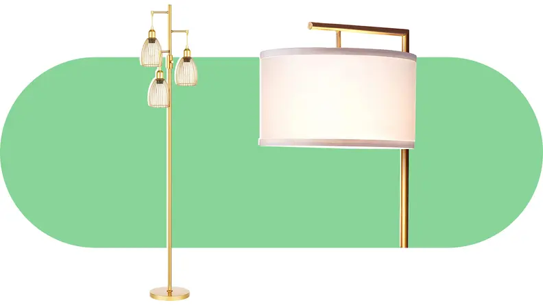Two gold floor lamps featuring two different styles. One gold lamp has three lights, and the other has a white round lamp shade.