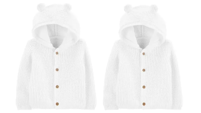 Two images of the same white cardigan in waffle-knit with a hood with ears.
