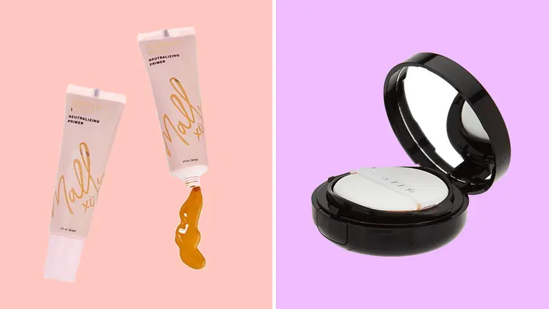 Two images of Mally Beauty makeup: The first has two tubes of the same foundation, the second is a black foundation applicator with a mirror.