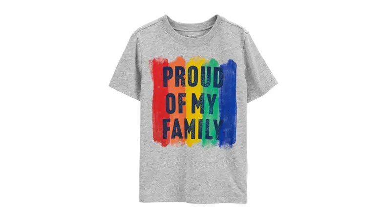 Grey tshirt on a white background with a rainbow on it and the words "Proud of my family" written on it in black lettering