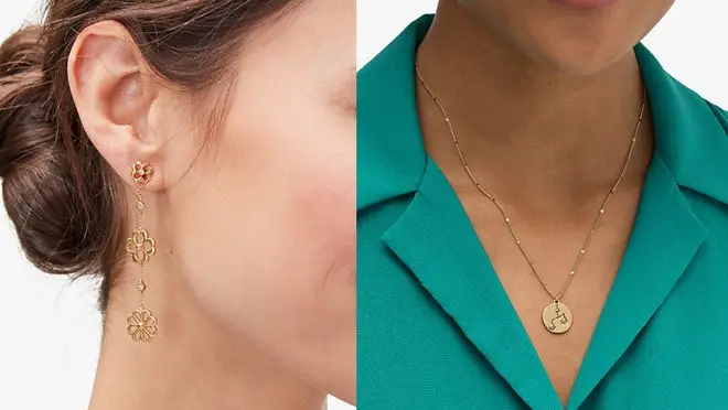 On right, gold earring dangling from person's ear. On right, person wearing gold necklace.