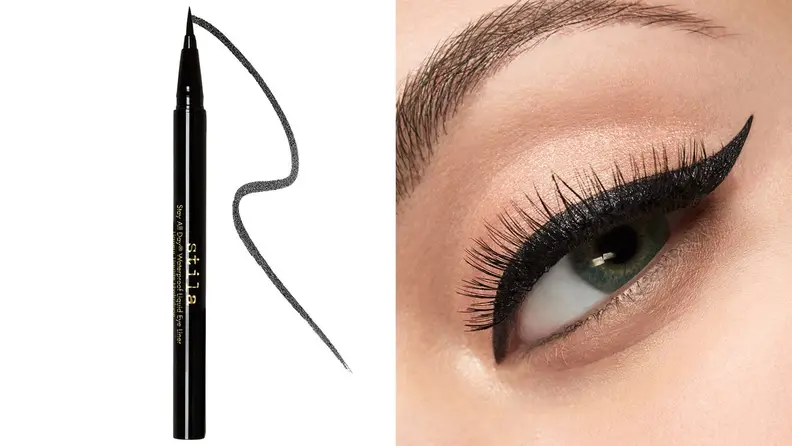 On left, black eyeliner from Stila Cosmetics. On right, black eyeliner wing on top of eye.