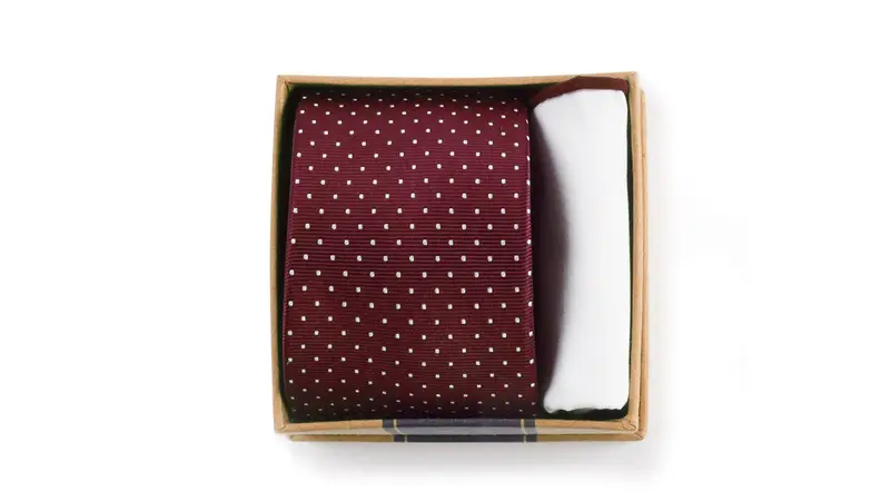 Burgundy dotted tie rolled up in cardboard box.