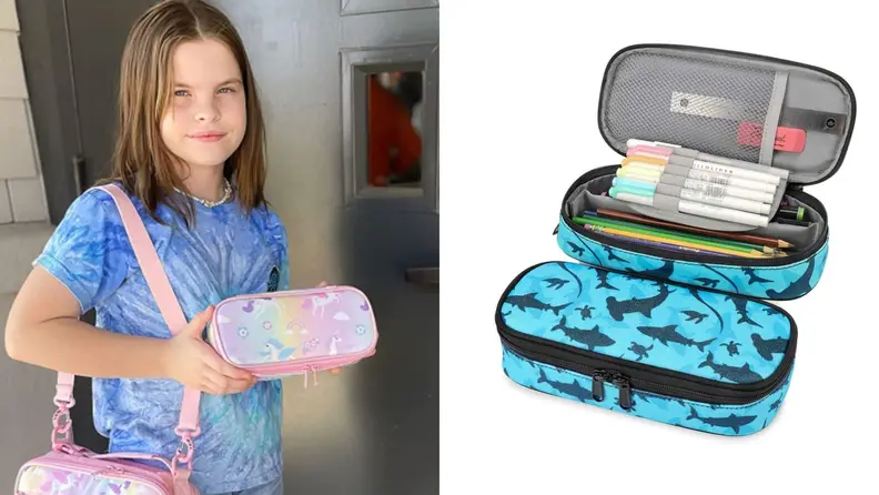 On right, young child girl child smiling while holding multi-colored pencil case. On right, blue tie-dye pencil case.