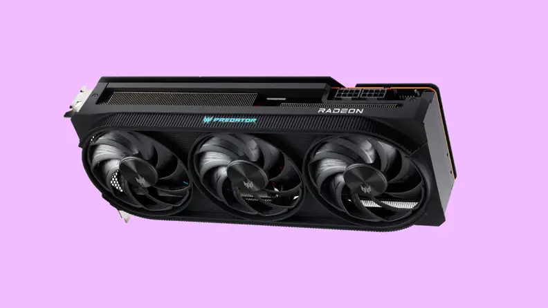 The Acer Predator BiFrost RX 7800 XT graphics card in black on a light purple background.