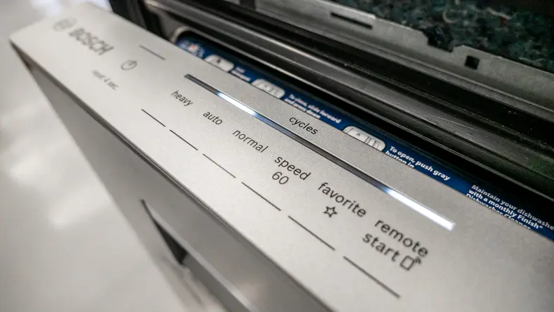 A close-up view of the control buttons for the Bosch dishwasher.