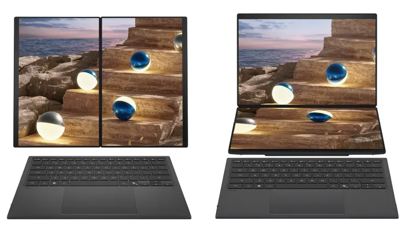 Two new ASUS laptops next to each other with detached folding monitors in landscape and portrait orientation