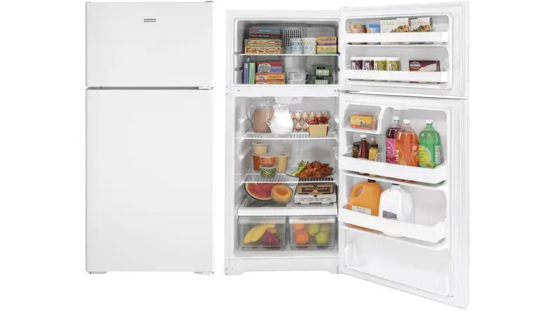 Closed and opened views of the Hotpoint HPS16BTNRWW refrigerator, showing the two freezer shelves, three fridge shelves and two drawers, plus door storage.