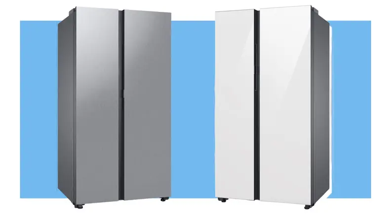 Two Samsung RS28CB7600 side-by-side Bespoke refrigerators with stainless steel and white exteriors.