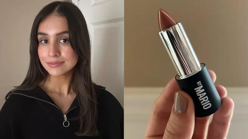 Portrait of a woman and a lipstick in a manicured hand.