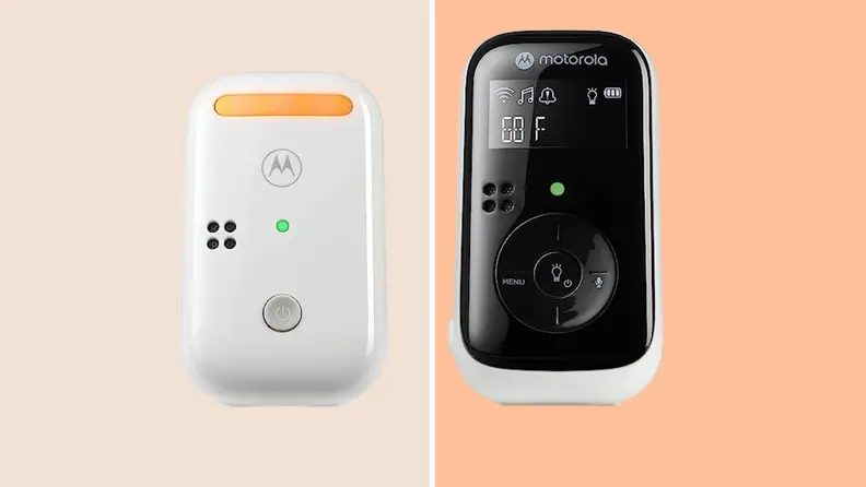 A Motorola PIP11 baby audio monitor, base and baby units, against a peach/orange background.