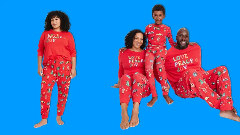 A family wearing the Wondershop Holiday City Matching Family Pajama Set.