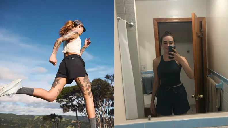 left: woman wearing allbirds running shorts. right: woman taking a mirror selfie of her wearing allbirds running shorts.