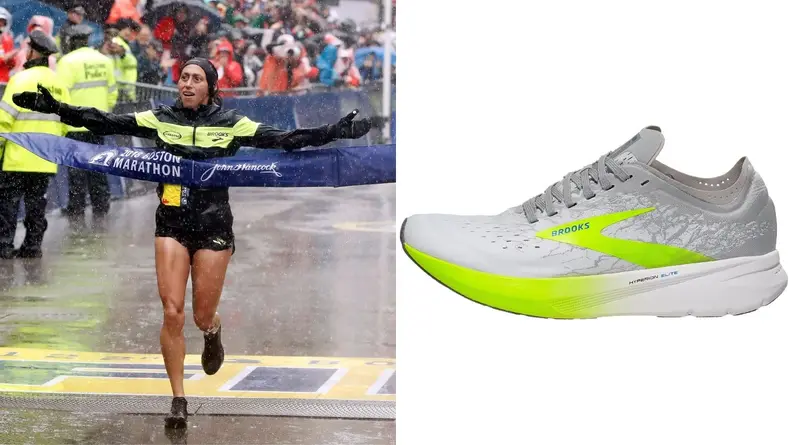 Desiree Linden crossing the finish line in the women's division of the 2018 Boston Marathon.