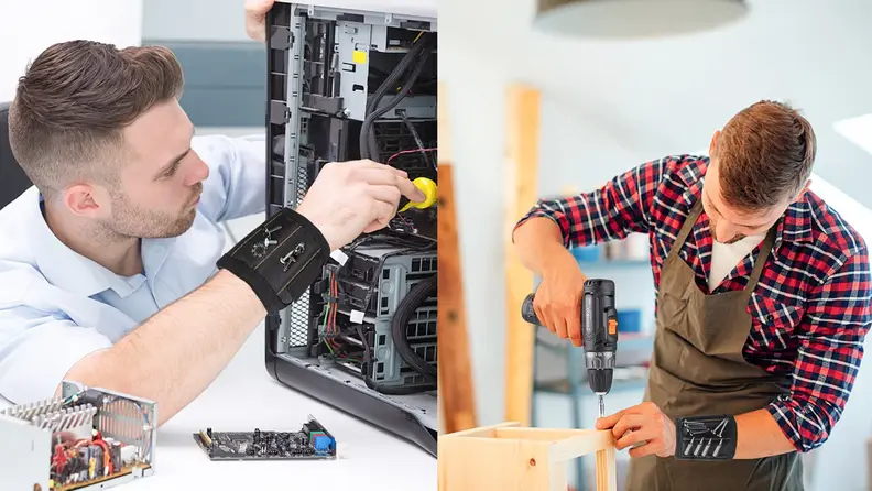 Magnetic wristband on guys wrist while using a screwdriver
