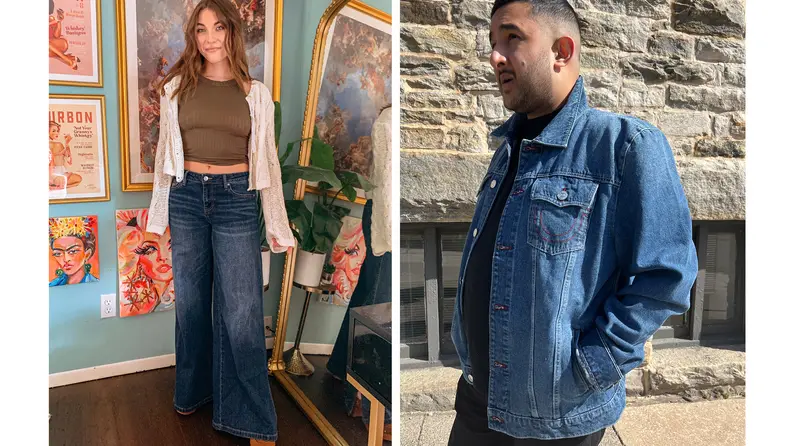 A woman wearing wide-leg blue jeans with a green top and white cardigan, a man wearing a blue denim jacket.