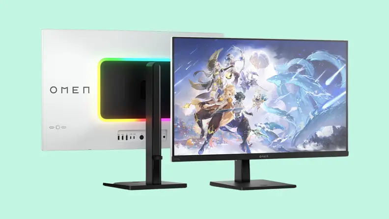 Two Omen Transcend 32 monitors on display back-to-back.