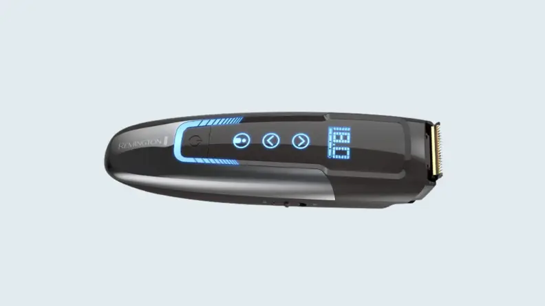 beard trimmer and kit on light blue background
