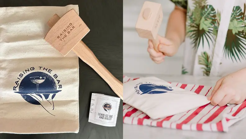 Close-up shot of the mallet provided by Raising The Bar alongside a bag for putting ice inside and smashing. Next to it is another shot of a person using the mallet to smash ice inside the bag.