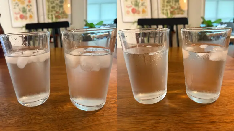 Side-by-side comparison of two glasses of water with ice, with the left having full cubes and the right showing it mostly melted.